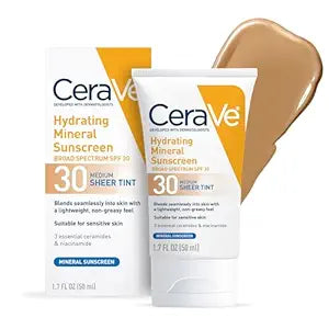 CeraVe Hydrating Mineral Sunscreen SPF 30 with Sheer Tint, Medium | Tinted Mineral Sunscreen with Zinc Oxide & Titanium Dioxide | Blends Seamlessly For Healthy Glow | 1.7 Fluid Ounce