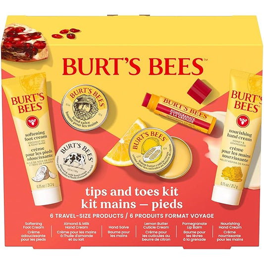 Burt's Bees Back to School Gift Ideas, Tips and Toes Kit, 6 Travel Size Products - Pomegranate Moisturizing Lip Balm, 2 Hand Creams, Foot Cream, Cuticle Cream, and Hand Salve